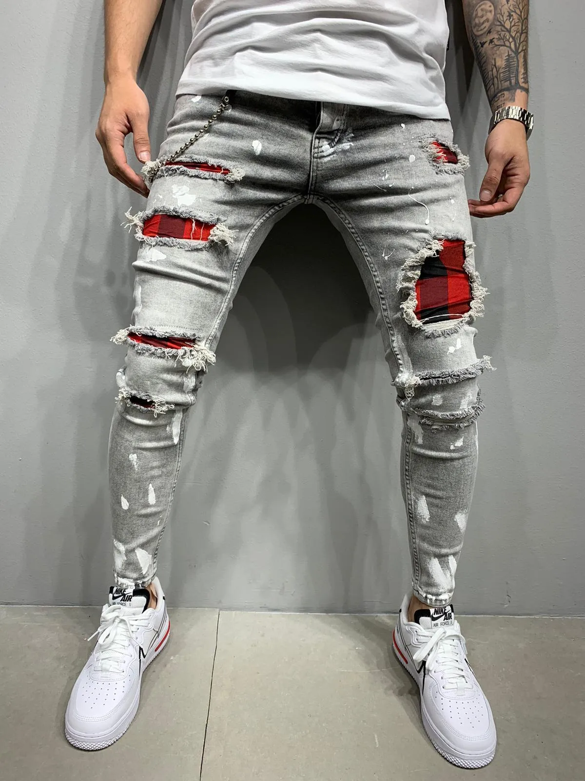 Men's cotton paint jeans straight leg black blue grey sizes S to 3XL