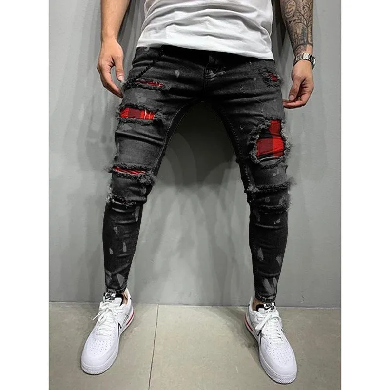 Men's cotton paint jeans straight leg black blue grey sizes S to 3XL