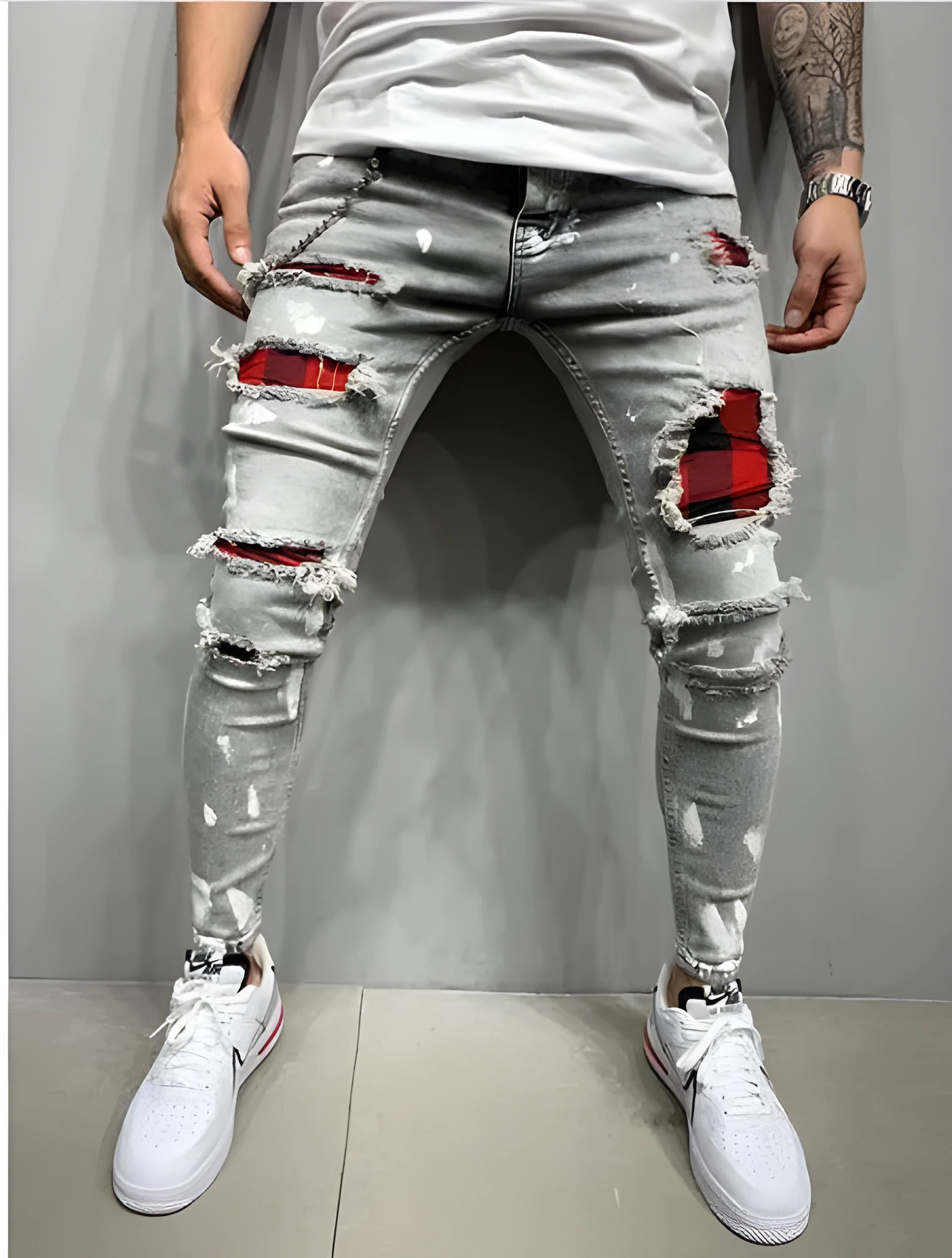 Men's cotton paint jeans straight leg black blue grey sizes S to 3XL