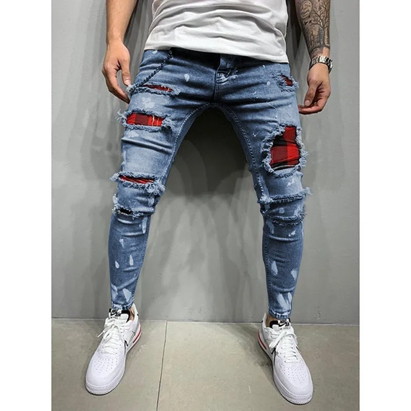 Men's cotton paint jeans straight leg black blue grey sizes S to 3XL