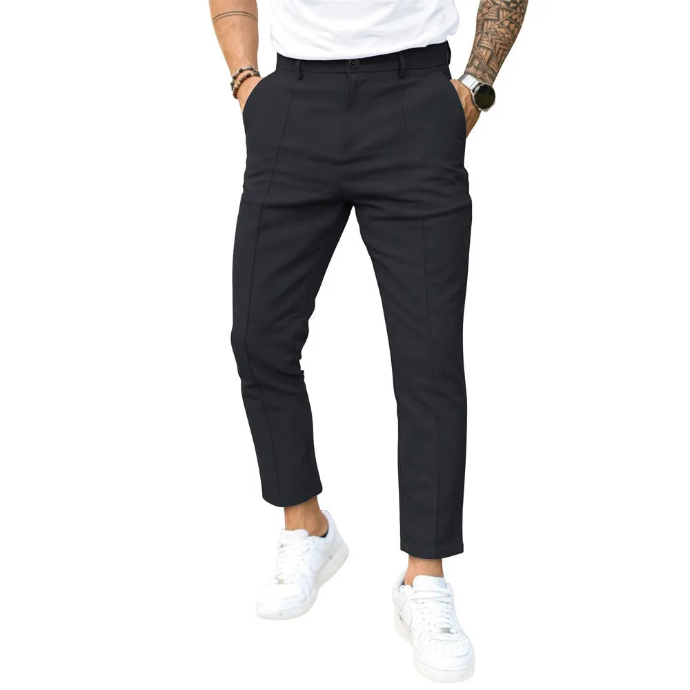Men's double fold line solid colour casual skinny fit suit pants in black, cotton-polyester blend