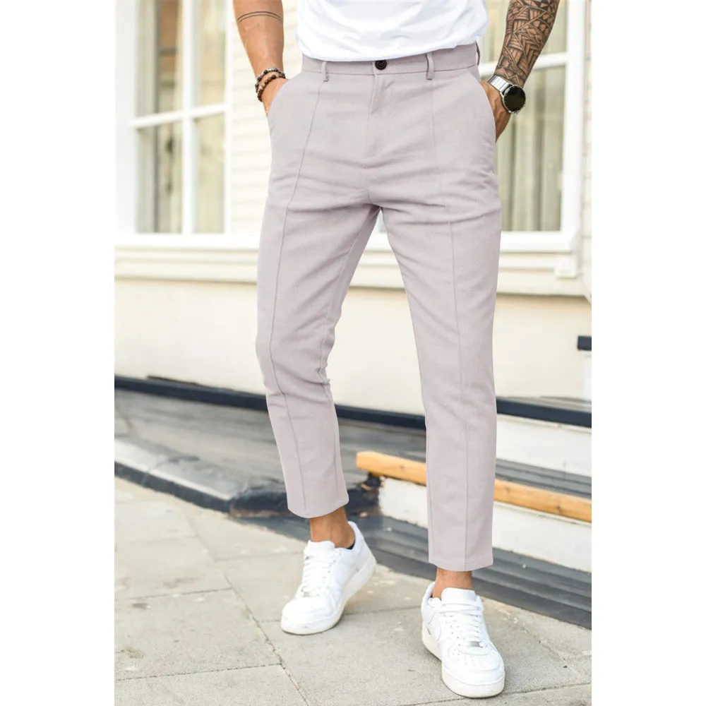 Men's double fold line solid colour casual skinny fit suit pants in black, cotton-polyester blend