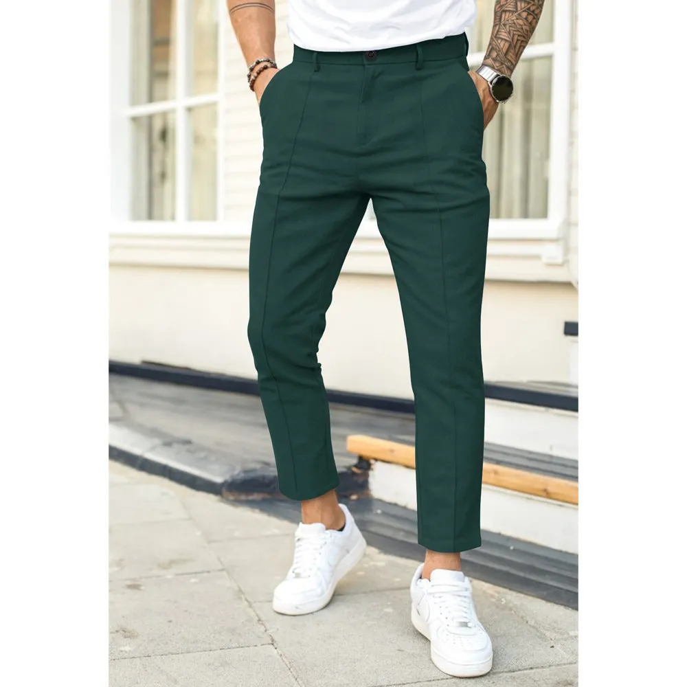 Men's double fold line solid colour casual skinny fit suit pants in black, cotton-polyester blend