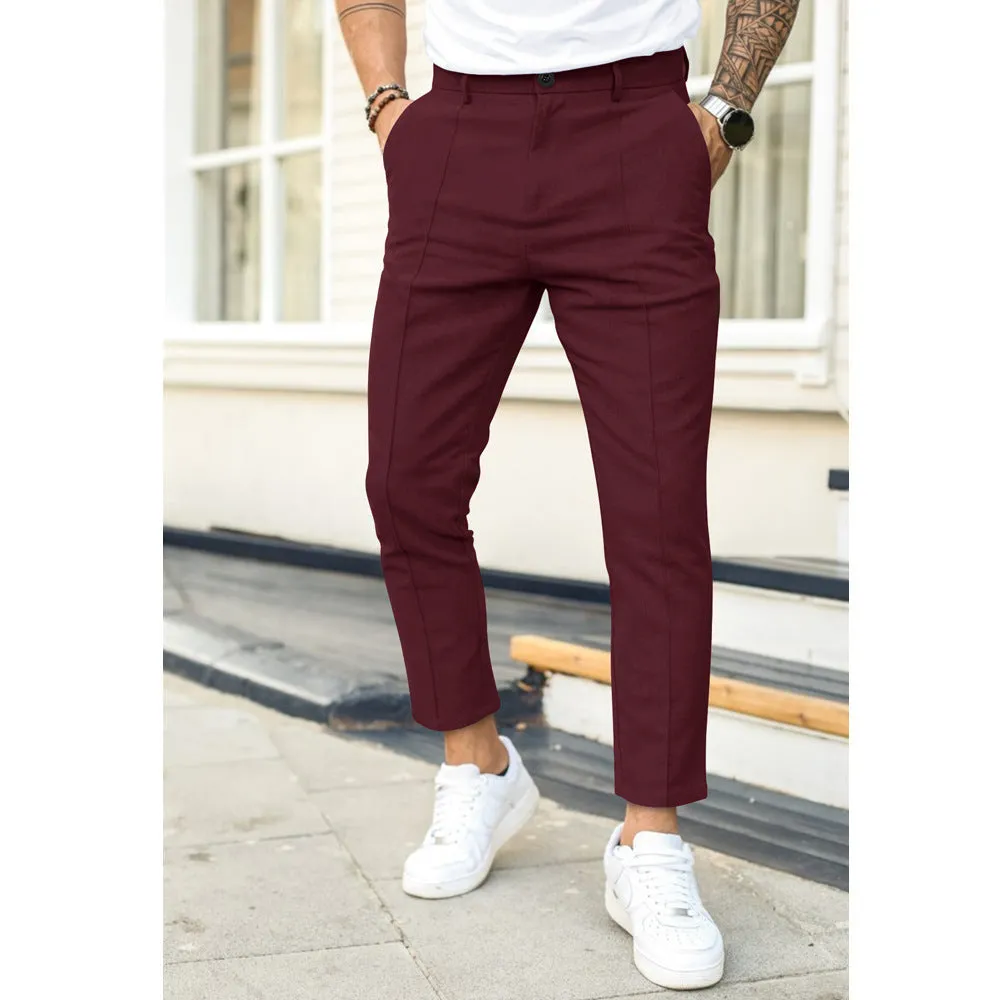Men's double fold line solid colour casual skinny fit suit pants in black, cotton-polyester blend