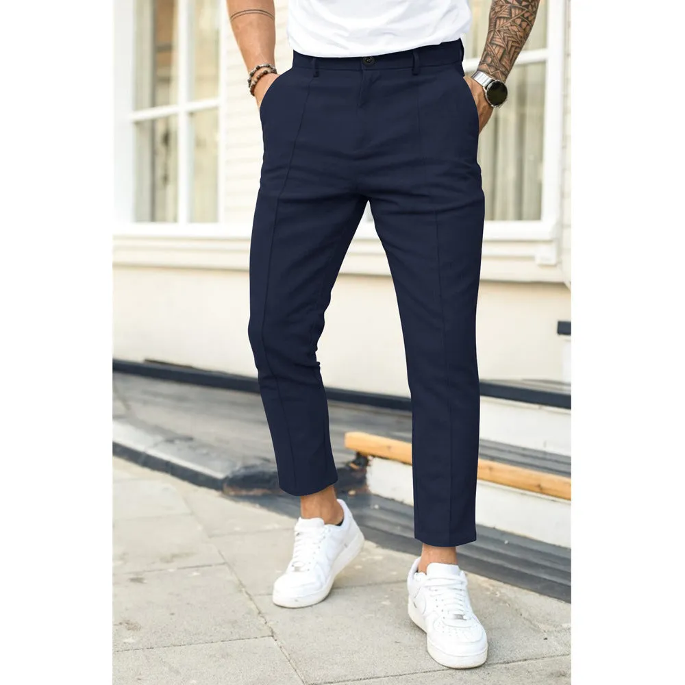 Men's double fold line solid colour casual skinny fit suit pants in black, cotton-polyester blend