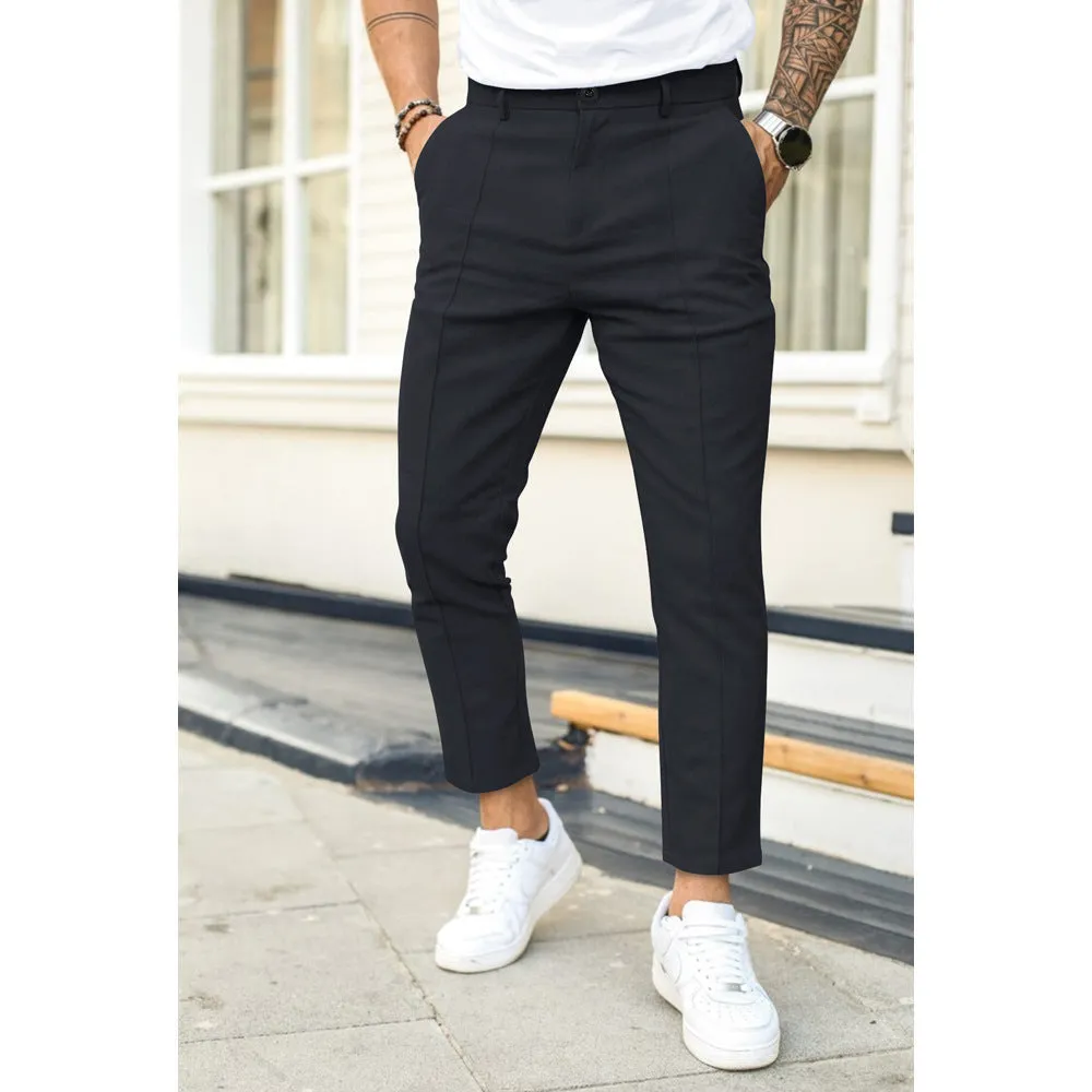 Men's double fold line solid colour casual skinny fit suit pants in black, cotton-polyester blend