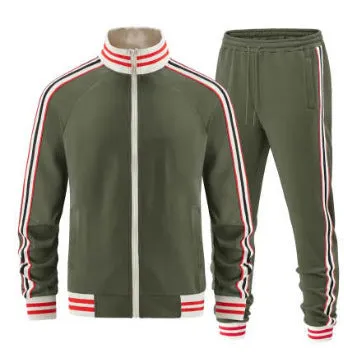 Khaki coloured polyester turtleneck zipper cardigan top and matching trousers laid flat.