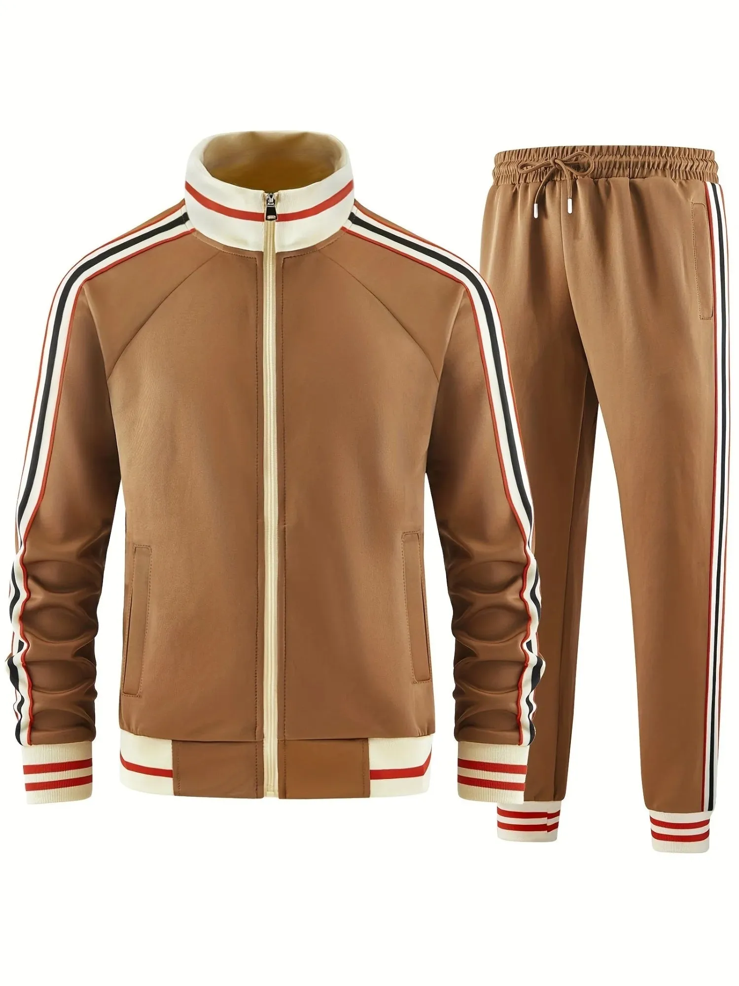 Khaki coloured polyester turtleneck zipper cardigan top and matching trousers laid flat.