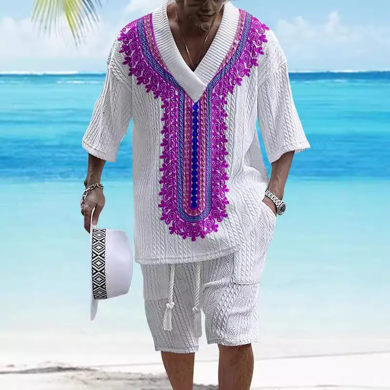 Men's grey printed drop-shoulder knitted short-sleeve top with matching shorts, a casual tracksuit set.