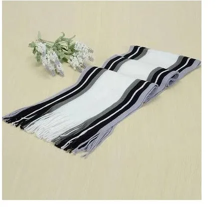 Fringed cotton scarf in solid colour with stripe pattern, 180cm length, 23cm width, laid flat on neutral background