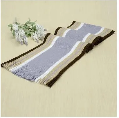 Fringed cotton scarf in solid colour with stripe pattern, 180cm length, 23cm width, laid flat on neutral background