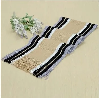 Fringed cotton scarf in solid colour with stripe pattern, 180cm length, 23cm width, laid flat on neutral background