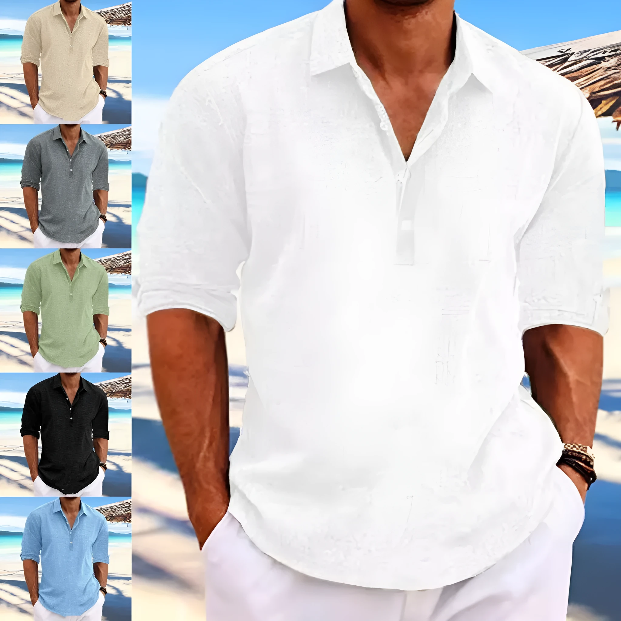 Men's loose-fit solid colour pullover shirt in khaki, front view