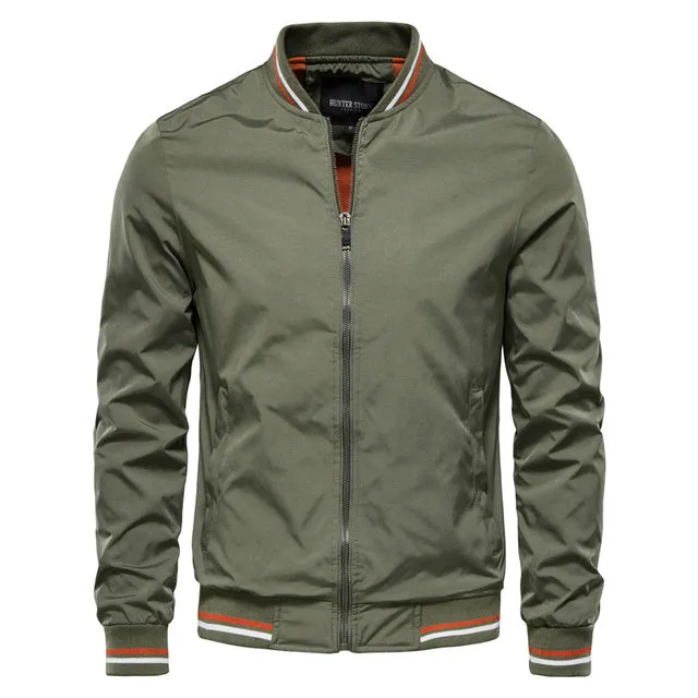 Men's striped zip-up jacket with pockets, badge detail, in Army Green colour