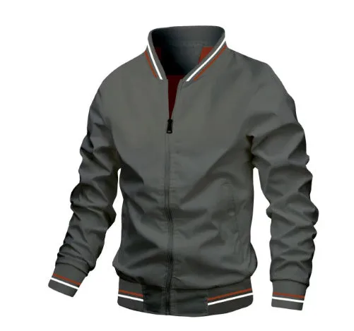 Men's striped zip-up jacket with pockets, badge detail, in Army Green colour