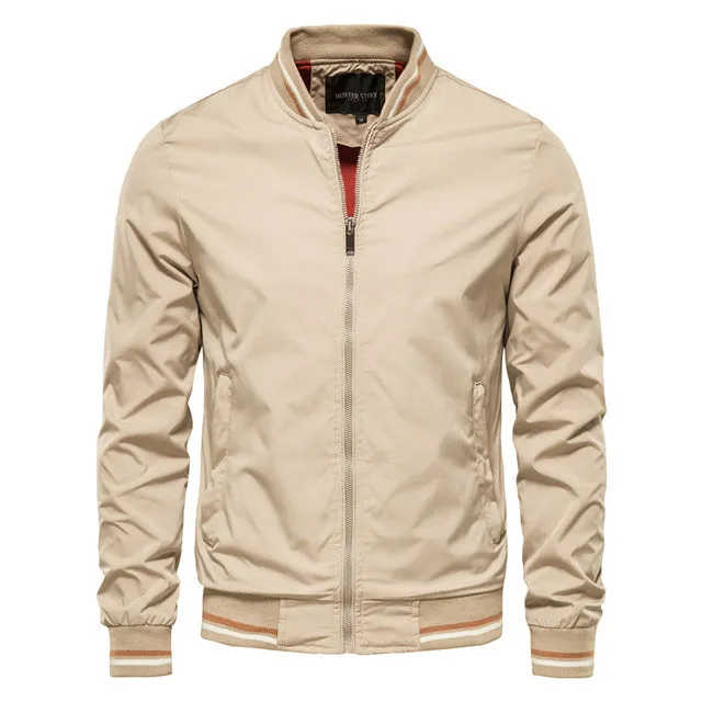 Men's striped zip-up jacket with pockets, badge detail, in Army Green colour