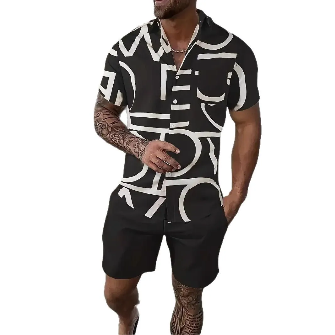 Man wearing a blue Hawaii-themed 3D printed short sleeve shirt and matching shorts.