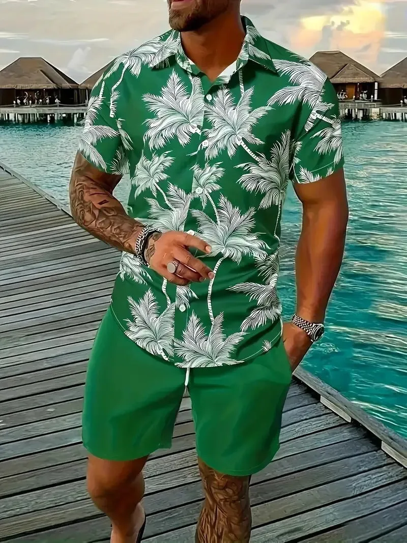 Man wearing a blue Hawaii-themed 3D printed short sleeve shirt and matching shorts.