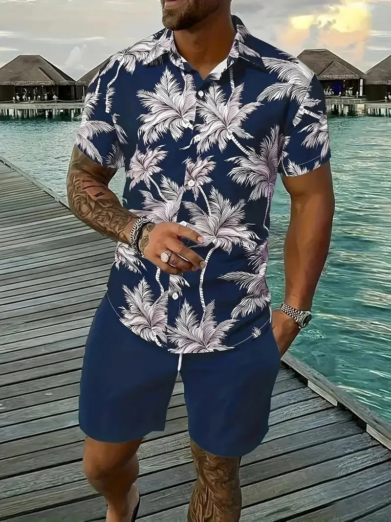 Man wearing a blue Hawaii-themed 3D printed short sleeve shirt and matching shorts.