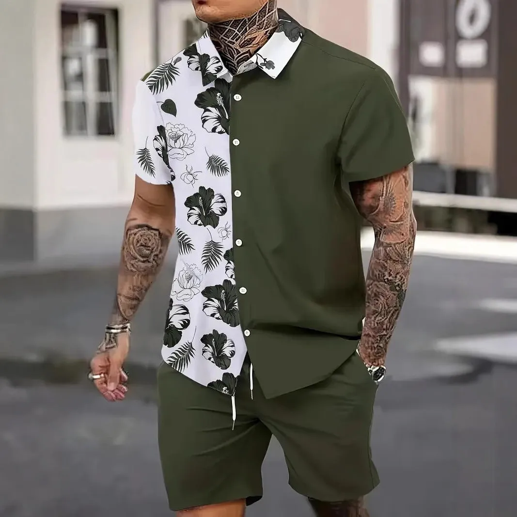 Man wearing a blue Hawaii-themed 3D printed short sleeve shirt and matching shorts.