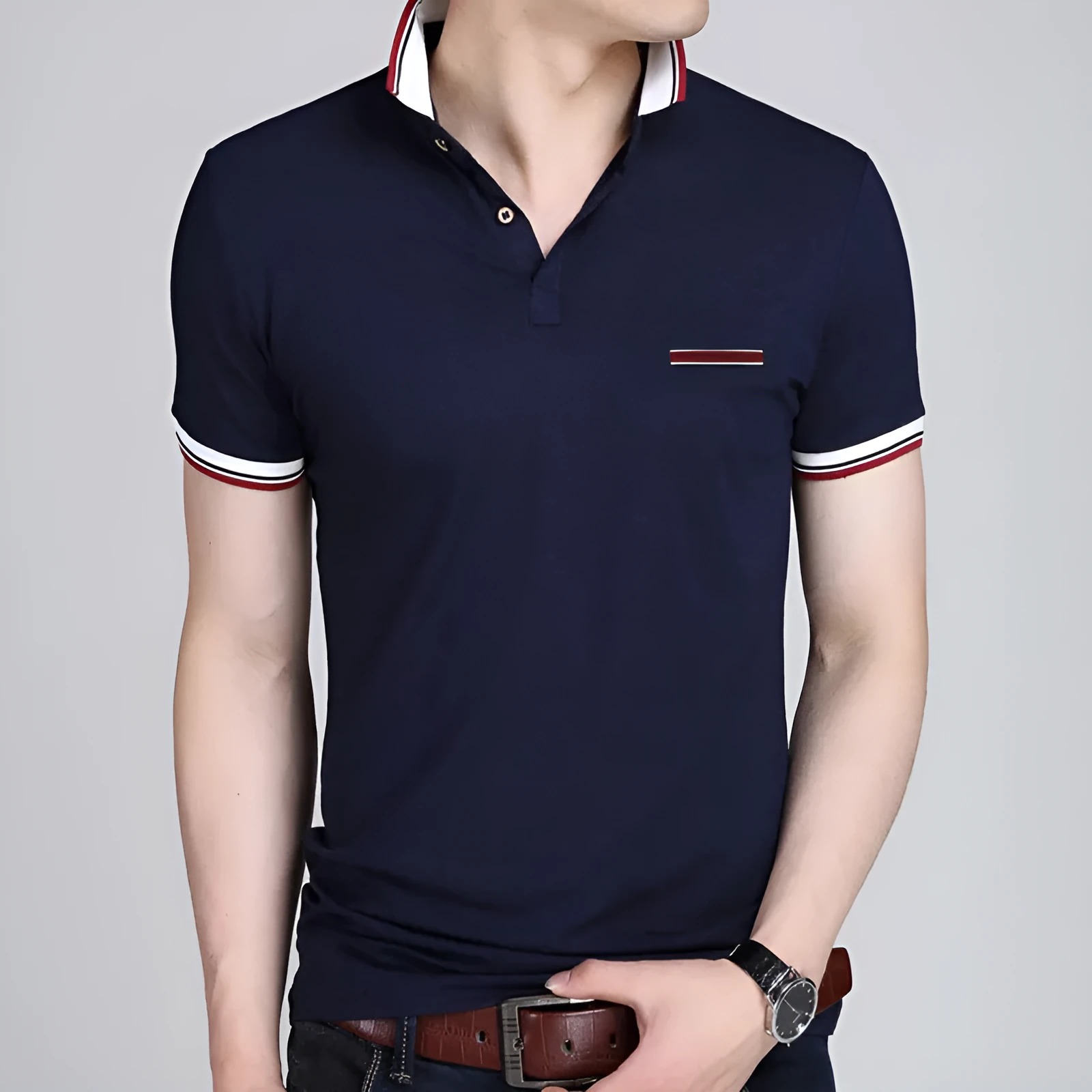 Men's lapel short sleeve T-shirt in 100% combed cotton with geometric collage print, black colour option