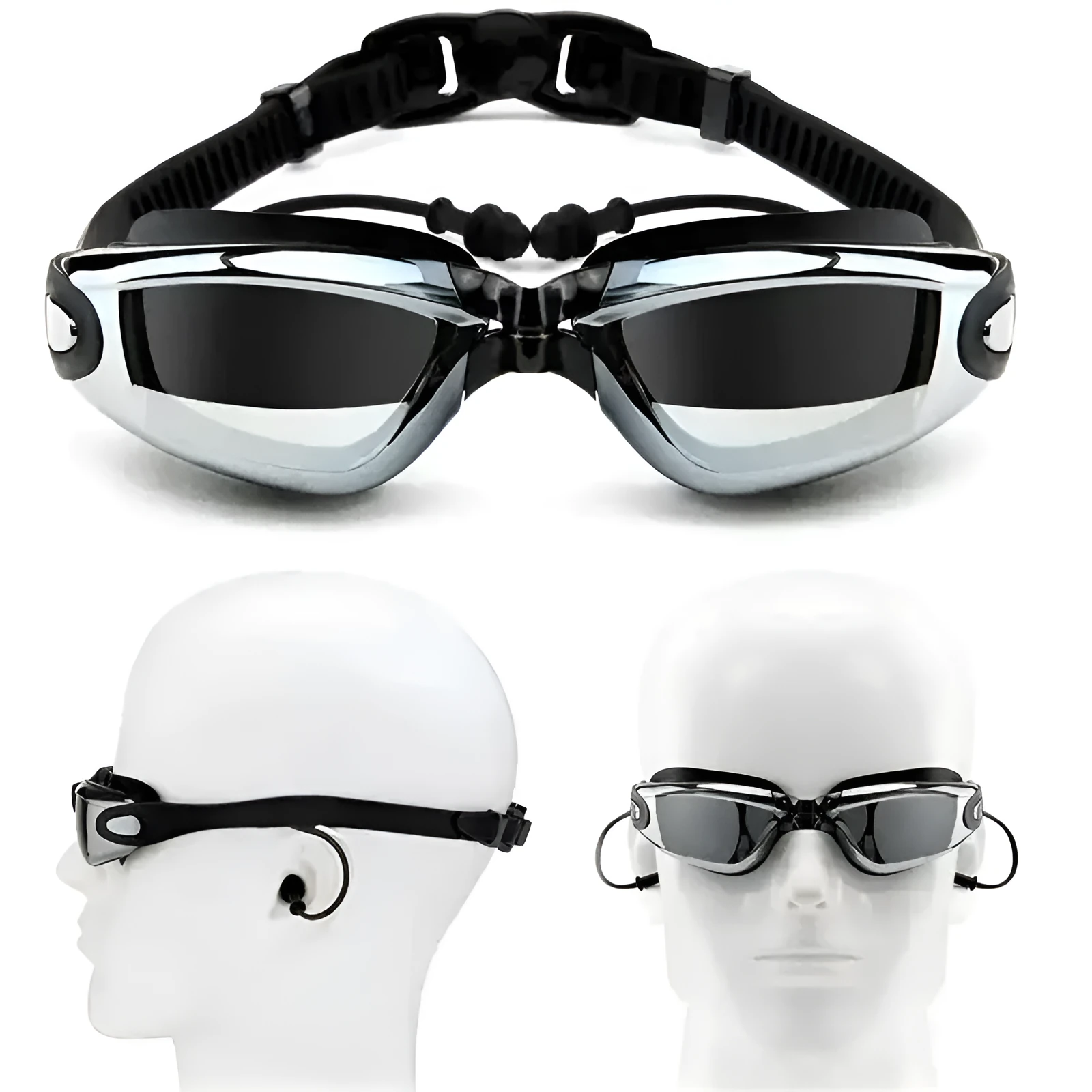 Swimming goggles with polycarbonate PC anti-fog lens and silicone strap in blue