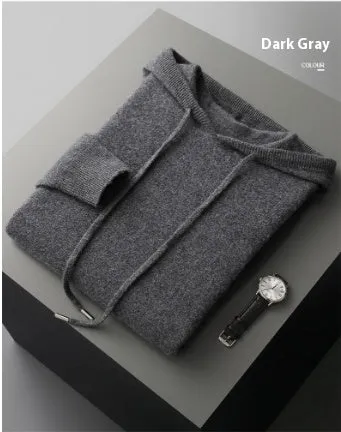 Men's light grey cashmere hooded sweatshirt and matching trousers laid flat.