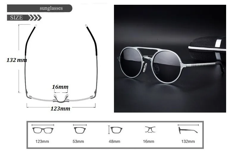 Men's polarised vintage round sunglasses with black aluminium magnesium frame and grey lens