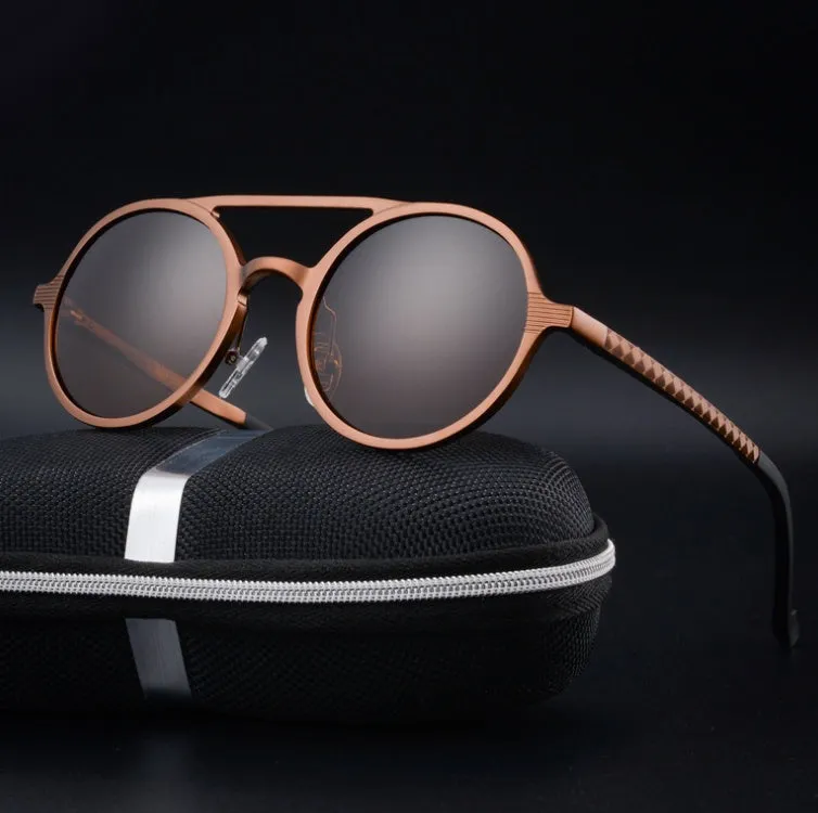 Men's polarised vintage round sunglasses with black aluminium magnesium frame and grey lens