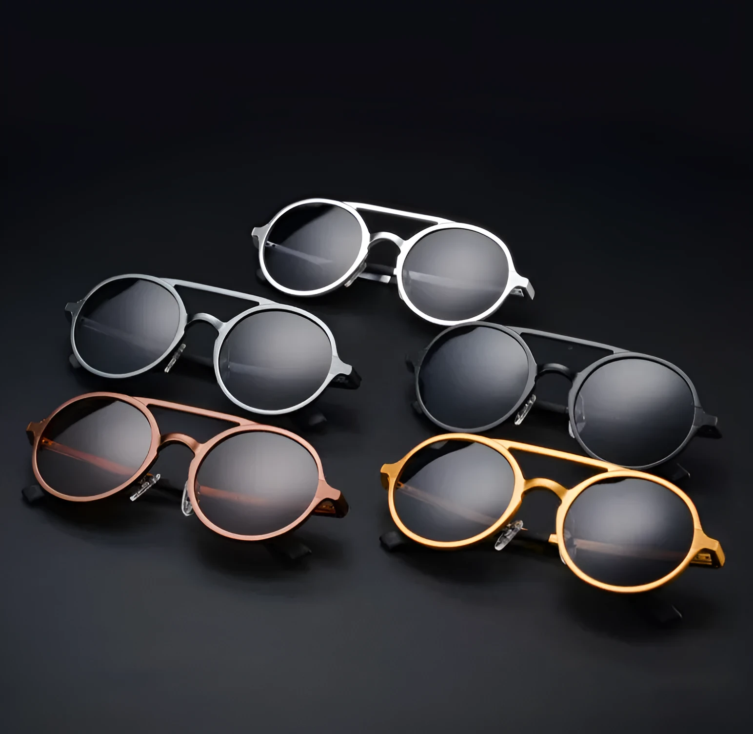 Men's polarised vintage round sunglasses with black aluminium magnesium frame and grey lens