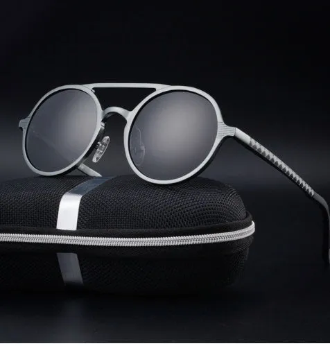 Men's polarised vintage round sunglasses with black aluminium magnesium frame and grey lens