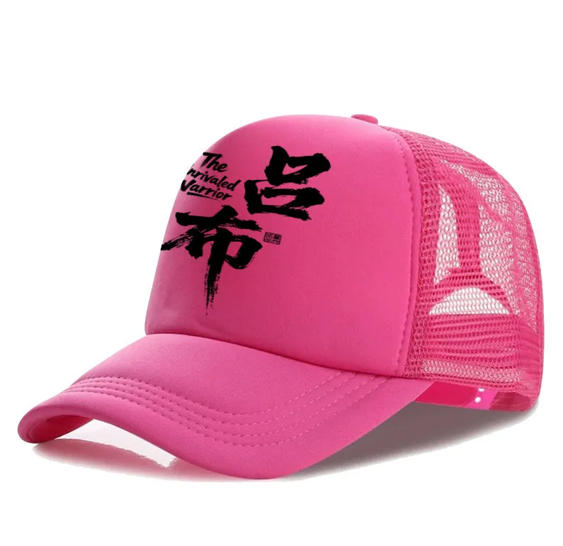 Men's polyester baseball cap in one size, shown in black, blue, green, grey, pink, and white colour options.
