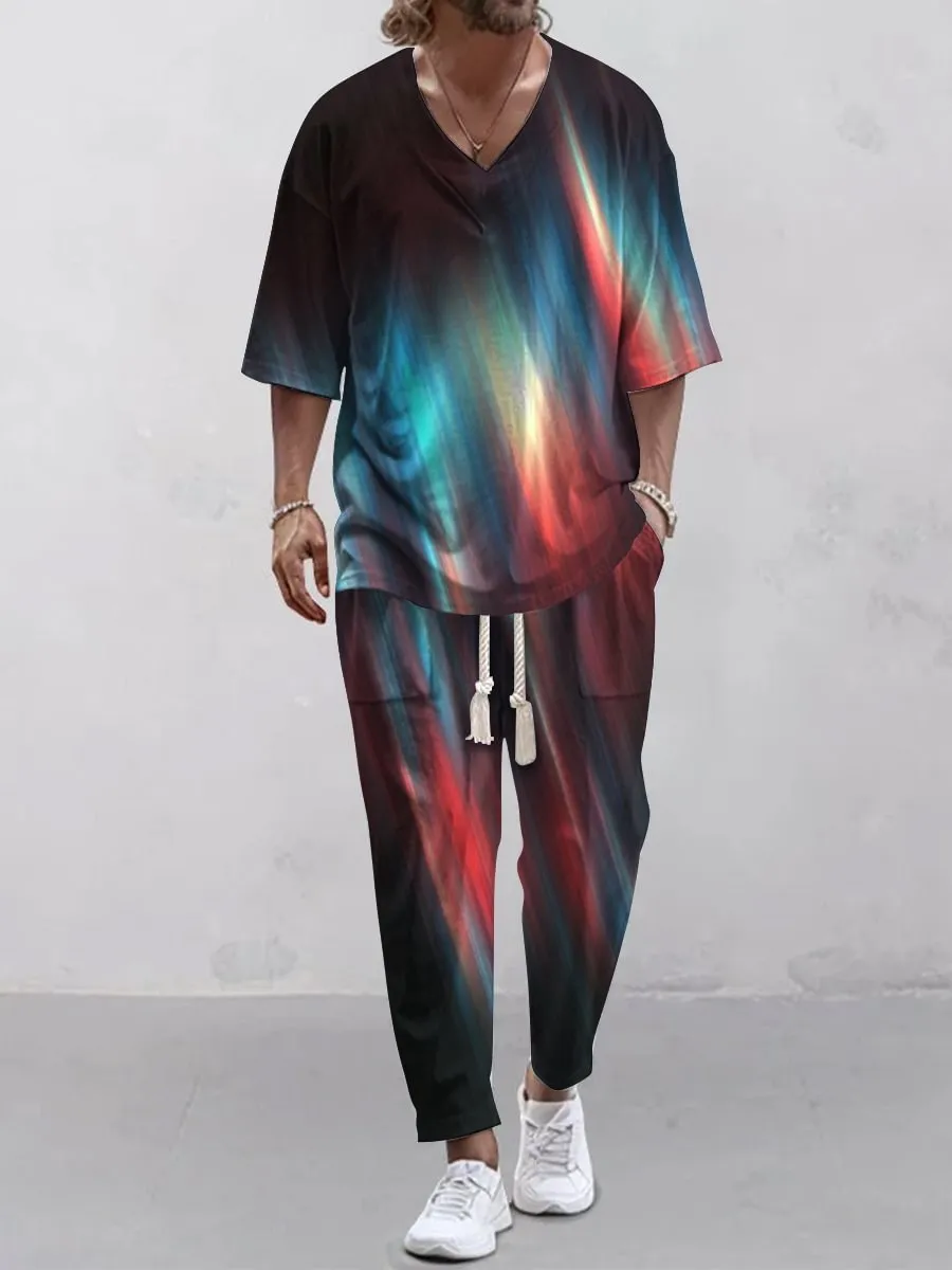 A thin polyester trousers suit with a V-neck jacket featuring cropped sleeves, shown alongside the matching trousers.