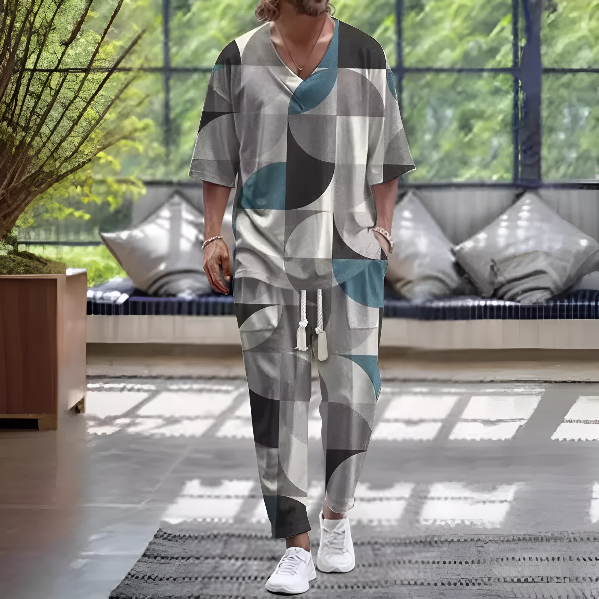 A thin polyester trousers suit with a V-neck jacket featuring cropped sleeves, shown alongside the matching trousers.