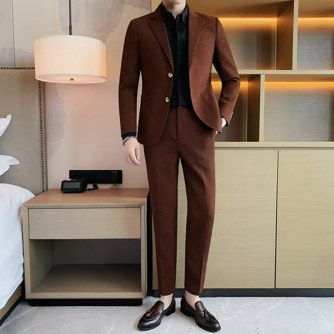 Waffle casual suit jacket men cotton rabbit fur blend long sleeve autumn sports coat in brown