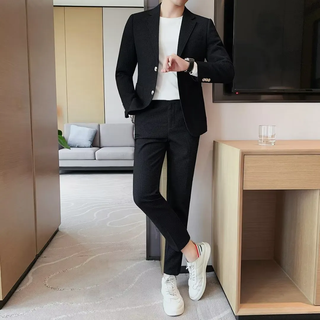 Waffle casual suit jacket men cotton rabbit fur blend long sleeve autumn sports coat in brown