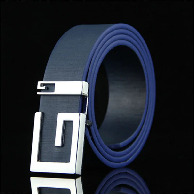 Smooth alloy buckle belt with solid-colour imitation leather strap, 110cm length, five colours: black white coffee camel dark blue