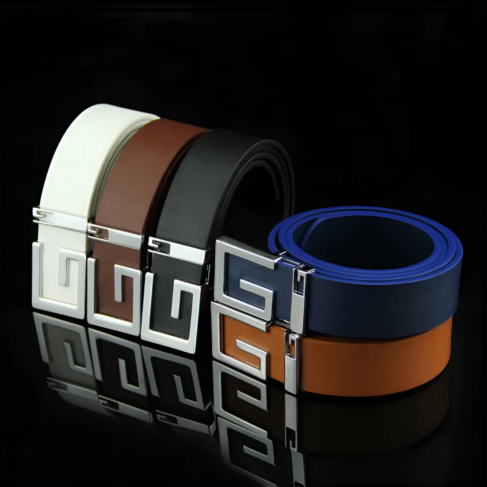 Smooth alloy buckle belt with solid-colour imitation leather strap, 110cm length, five colours: black white coffee camel dark blue