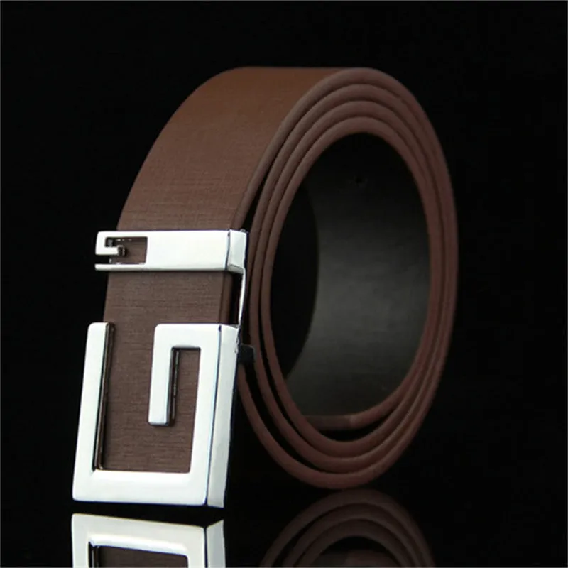Smooth alloy buckle belt with solid-colour imitation leather strap, 110cm length, five colours: black white coffee camel dark blue