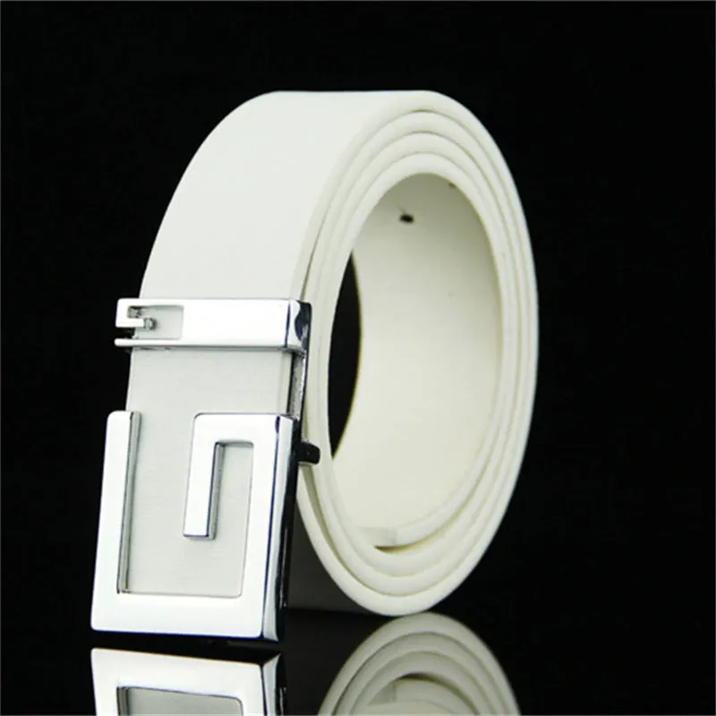 Smooth alloy buckle belt with solid-colour imitation leather strap, 110cm length, five colours: black white coffee camel dark blue
