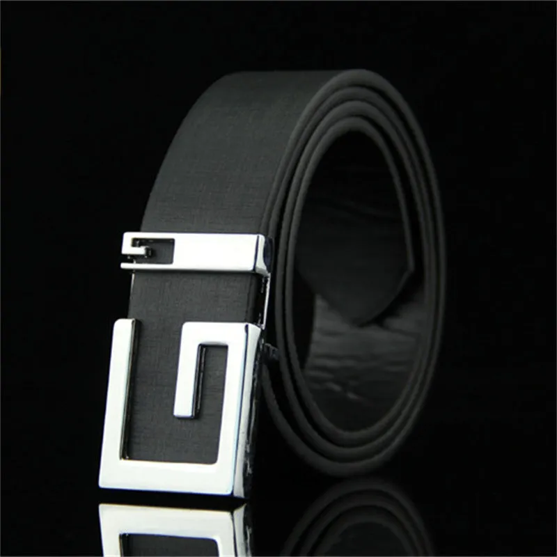 Smooth alloy buckle belt with solid-colour imitation leather strap, 110cm length, five colours: black white coffee camel dark blue