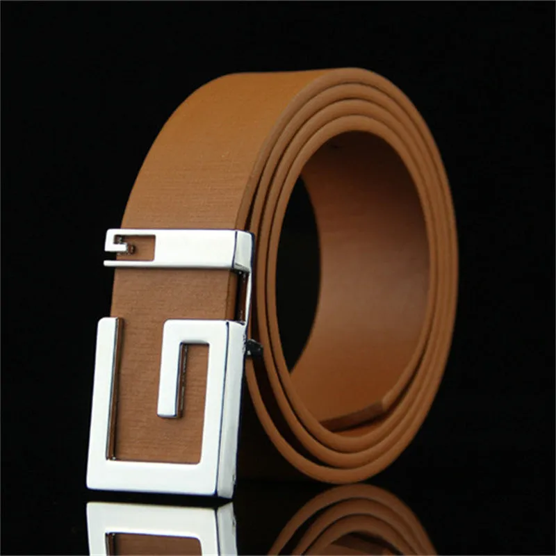 Smooth alloy buckle belt with solid-colour imitation leather strap, 110cm length, five colours: black white coffee camel dark blue