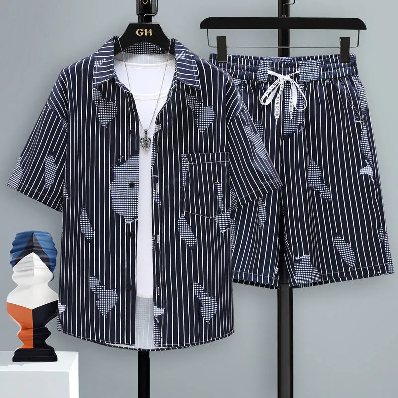 Men's casual sports shorts two-piece set in polyester, showing short sleeve top and matching shorts.