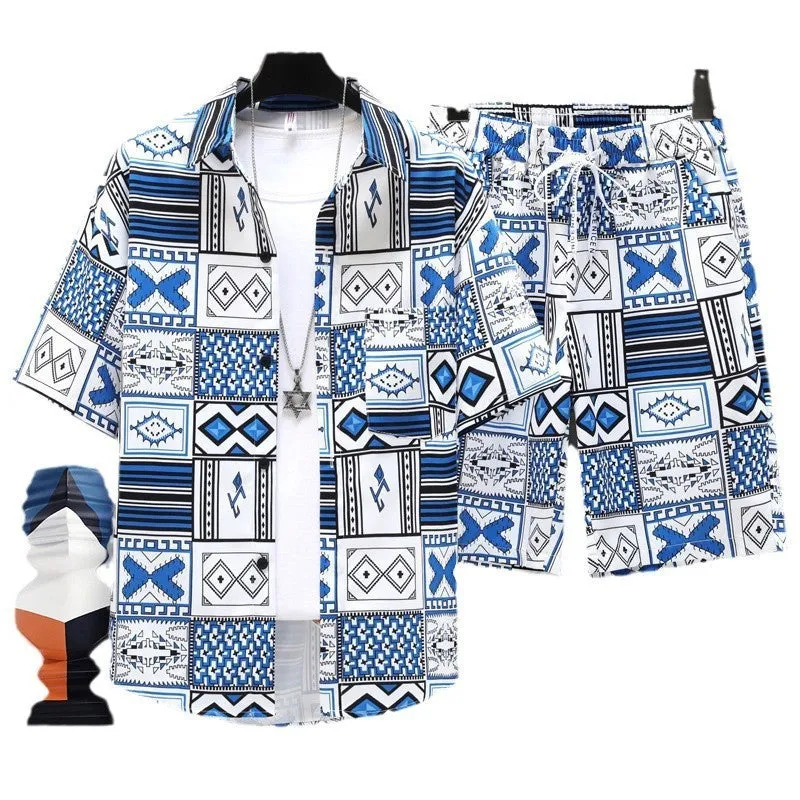 Men's casual sports shorts two-piece set in polyester, showing short sleeve top and matching shorts.