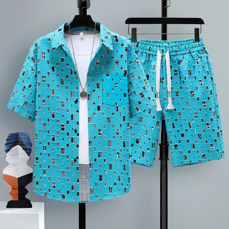 Men's casual sports shorts two-piece set in polyester, showing short sleeve top and matching shorts.
