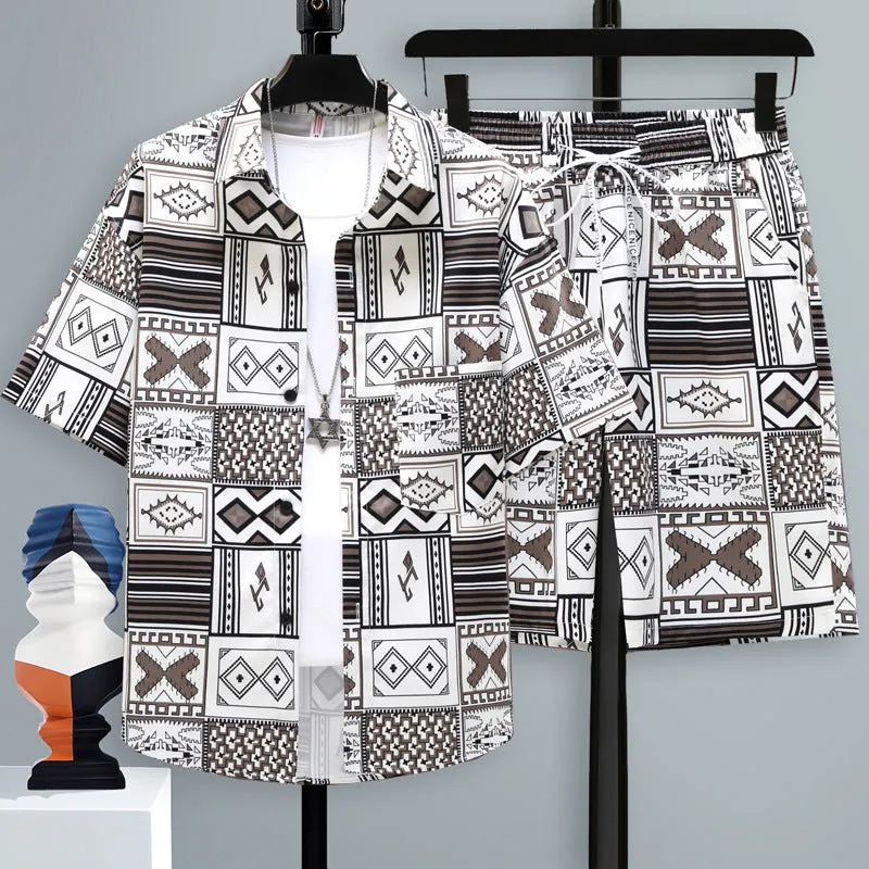 Men's casual sports shorts two-piece set in polyester, showing short sleeve top and matching shorts.
