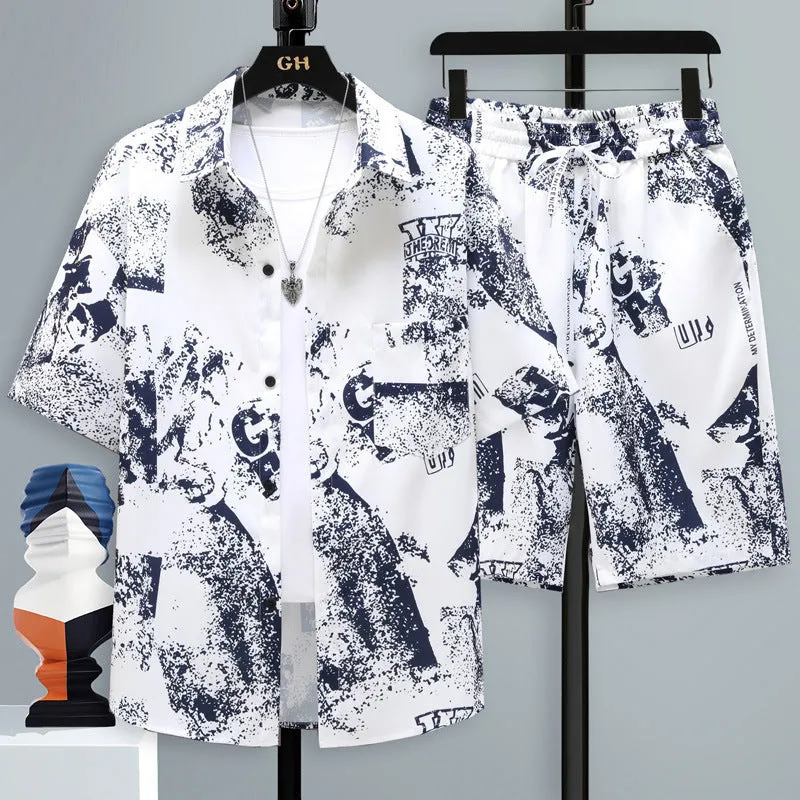 Men's casual sports shorts two-piece set in polyester, showing short sleeve top and matching shorts.