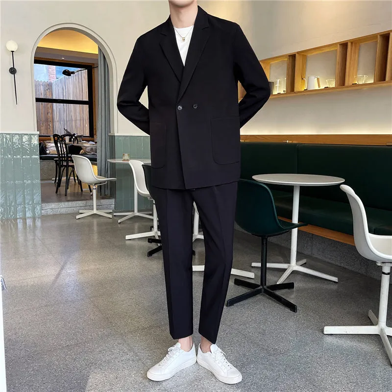 Men's White Rascal loose fit casual suit set in black, front view