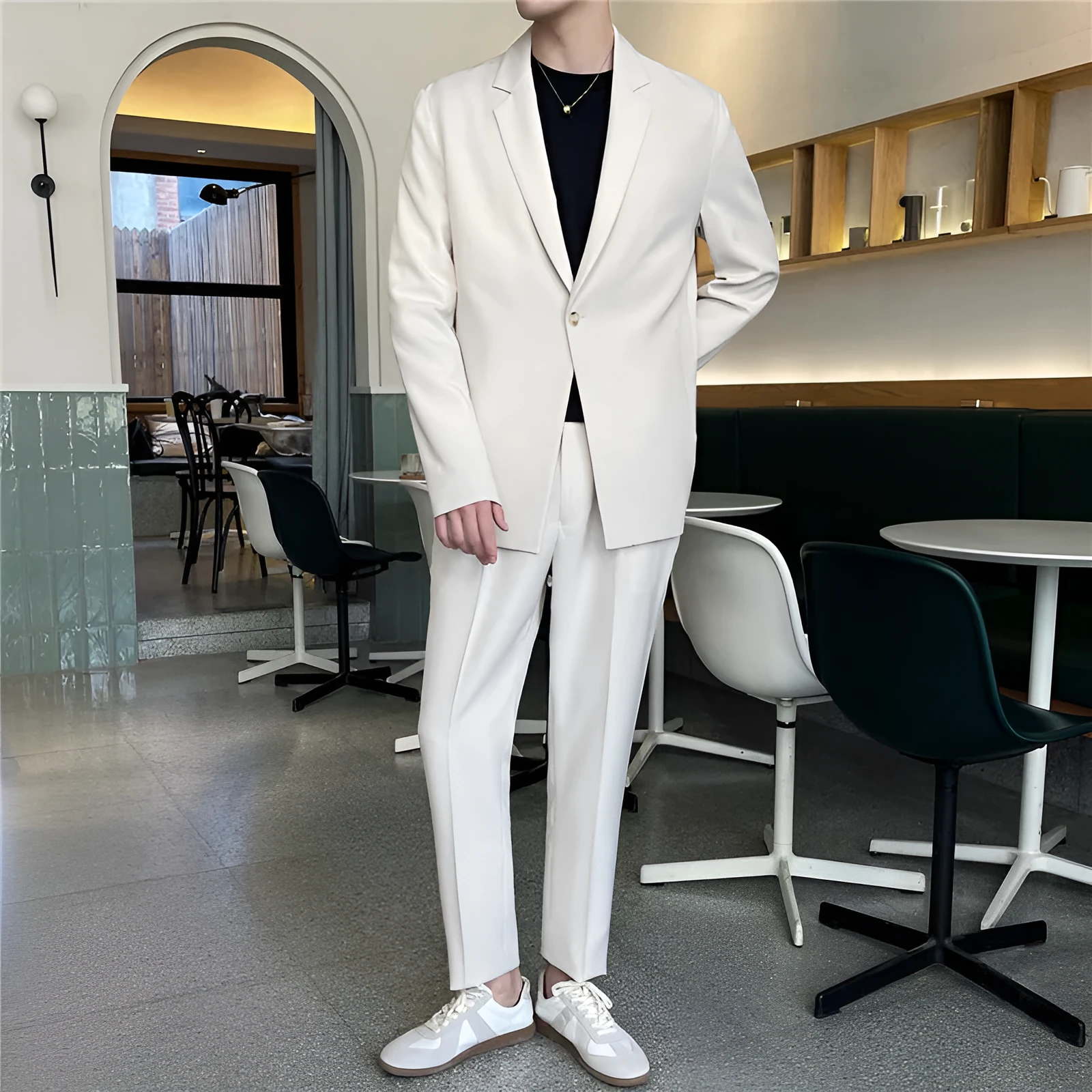 Men's White Rascal loose fit casual suit set in black, front view