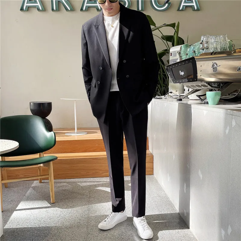 Men's White Rascal loose fit casual suit set in black, front view
